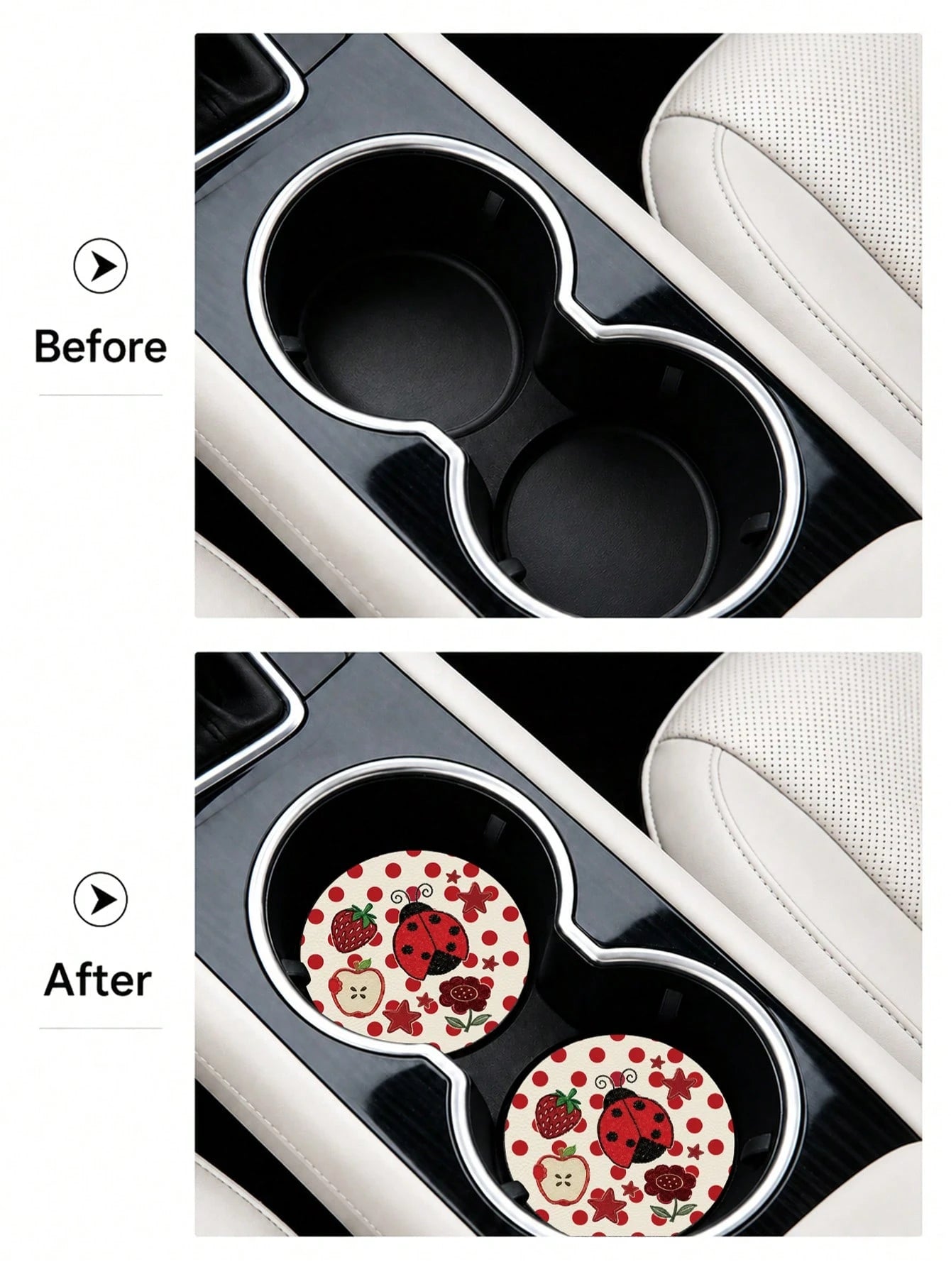 2pcs Cute Fresh Polka Dot Ladybug Pattern Car Cup Holder Coasters- Non-Slip, Leather Material Easy To Clean, Perfect Accessory For Car Interior- Suitable For Car Owners- Suitable For Daily Use- Gr