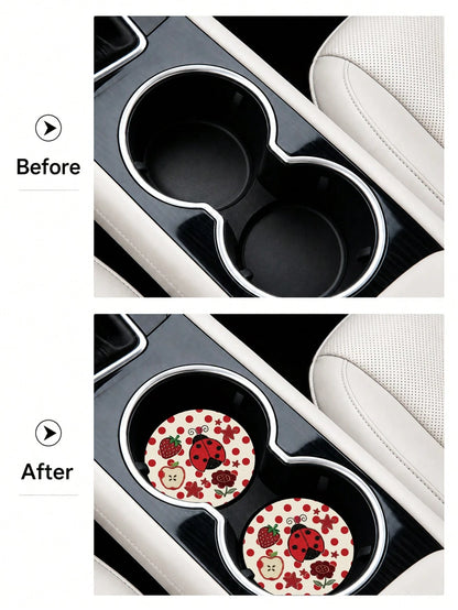 2pcs Cute Fresh Polka Dot Ladybug Pattern Car Cup Holder Coasters- Non-Slip, Leather Material Easy To Clean, Perfect Accessory For Car Interior- Suitable For Car Owners- Suitable For Daily Use- Gr
