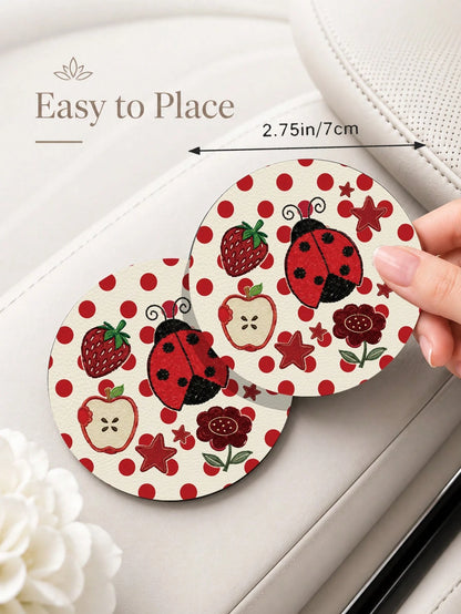 2pcs Cute Fresh Polka Dot Ladybug Pattern Car Cup Holder Coasters- Non-Slip, Leather Material Easy To Clean, Perfect Accessory For Car Interior- Suitable For Car Owners- Suitable For Daily Use- Gr