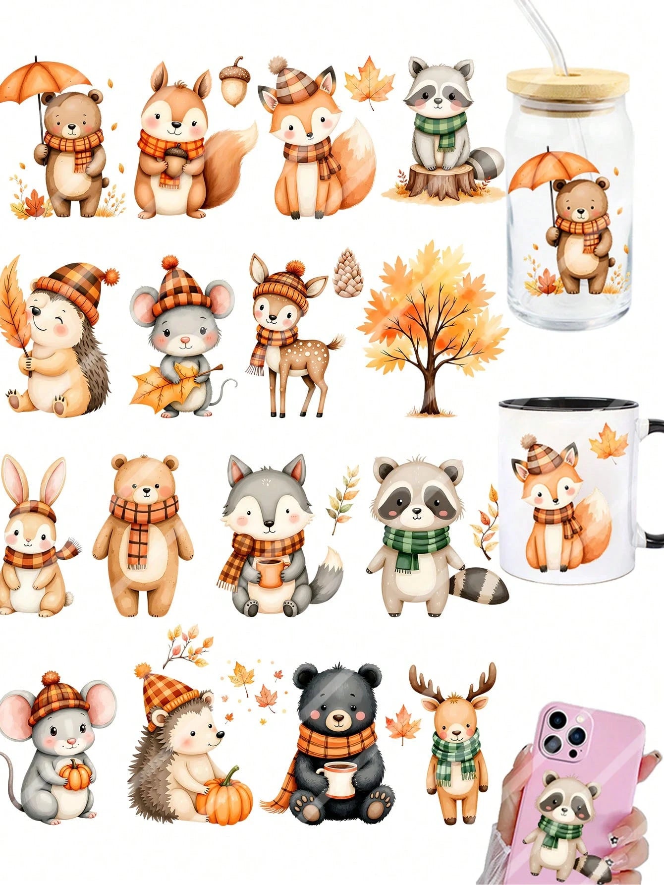 2pcs Cute Woodland Animal DIY UV DTF Erasable Transfer Stickers, Suitable For Mugs, Coffee Cups, Glass Cups, Tumblers, Laptops, Phone Cases, Greeting Cards, Illustrations, Party Cup Labels And Decorat