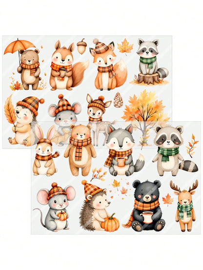 2pcs Cute Woodland Animal DIY UV DTF Erasable Transfer Stickers, Suitable For Mugs, Coffee Cups, Glass Cups, Tumblers, Laptops, Phone Cases, Greeting Cards, Illustrations, Party Cup Labels And Decorat