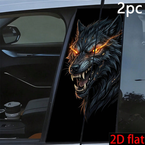 2pcs Cyber Mechanical Wolf Car B-Pillar Stickers- 2D Flat Waterproof Vinyl Decals, Futuristic Mechanical Wolf Personalized Car Window Decoration, Suitable For Sedan, Truck, SUV