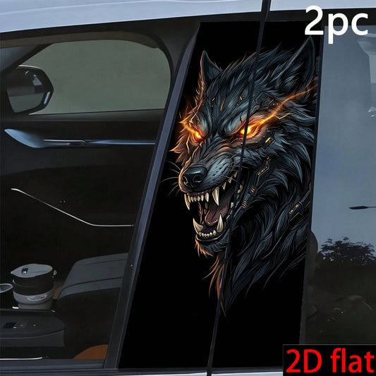 2pcs Cyber Mechanical Wolf Car B-Pillar Stickers- 2D Flat Waterproof Vinyl Decals, Futuristic Mechanical Wolf Personalized Car Window Decoration, Suitable For Sedan, Truck, SUV