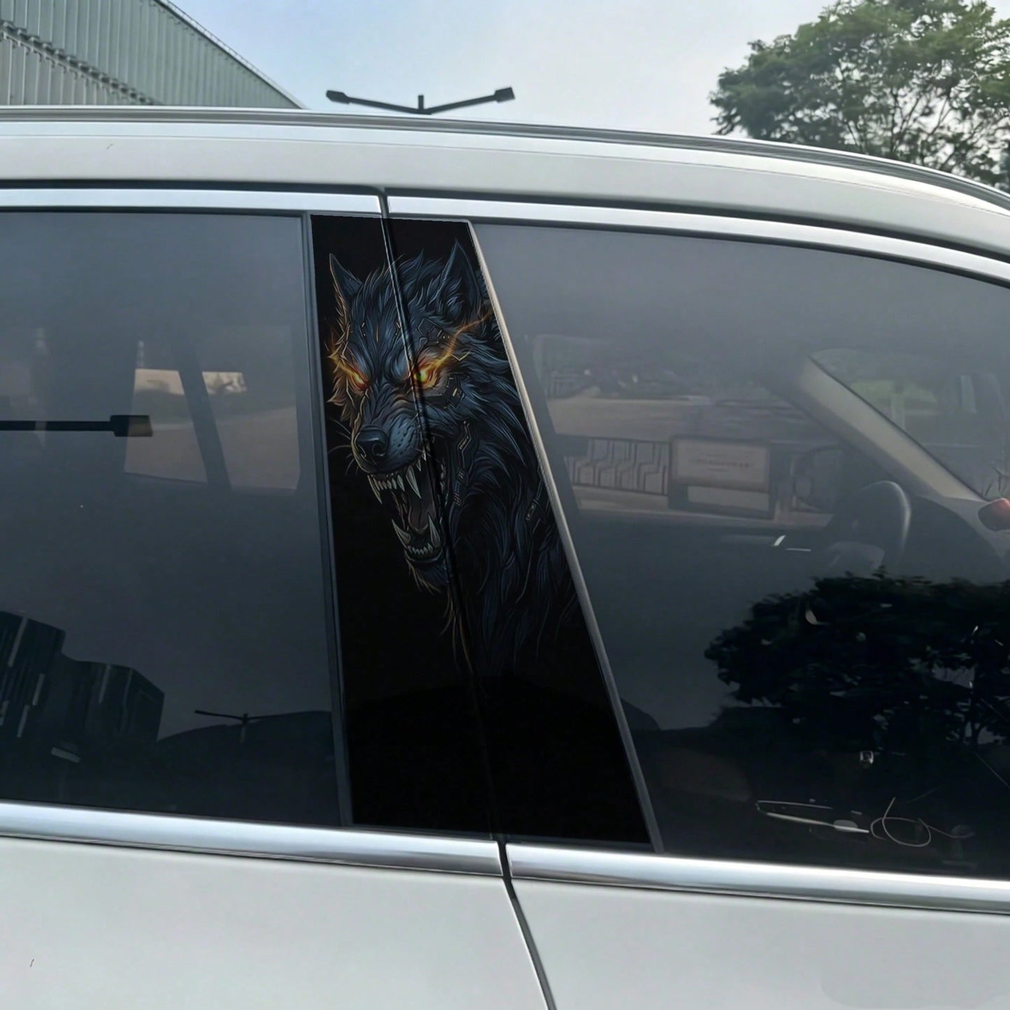 2pcs Cyber Mechanical Wolf Car B-Pillar Stickers- 2D Flat Waterproof Vinyl Decals, Futuristic Mechanical Wolf Personalized Car Window Decoration, Suitable For Sedan, Truck, SUV