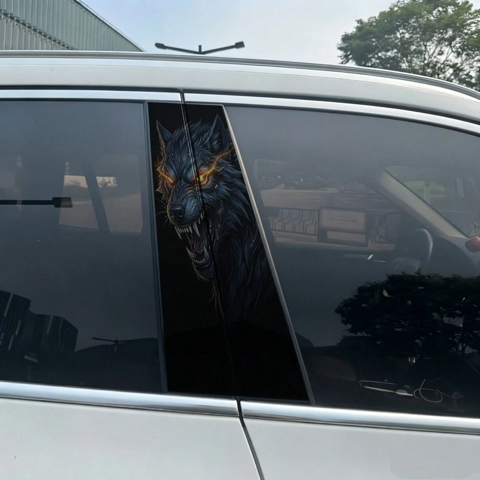 2pcs Cyber Mechanical Wolf Car B-Pillar Stickers- 2D Flat Waterproof Vinyl Decals, Futuristic Mechanical Wolf Personalized Car Window Decoration, Suitable For Sedan, Truck, SUV