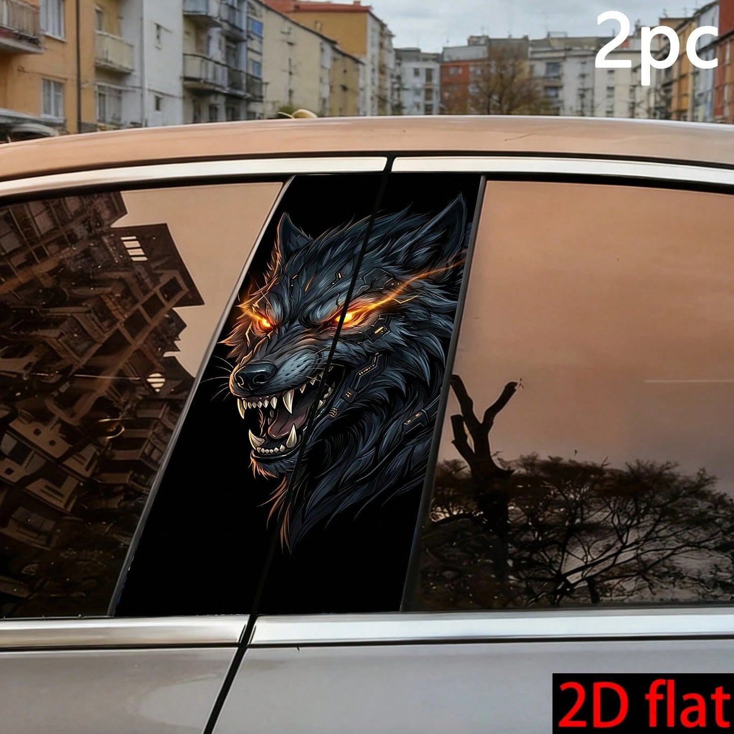 2pcs Cyber Mechanical Wolf Car B-Pillar Stickers- 2D Flat Waterproof Vinyl Decals, Futuristic Mechanical Wolf Personalized Car Window Decoration, Suitable For Sedan, Truck, SUV