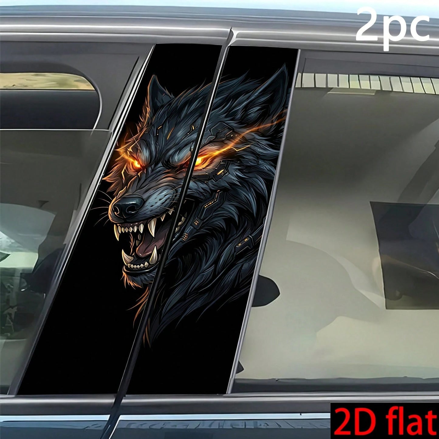 2pcs Cyber Mechanical Wolf Car B-Pillar Stickers- 2D Flat Waterproof Vinyl Decals, Futuristic Mechanical Wolf Personalized Car Window Decoration, Suitable For Sedan, Truck, SUV