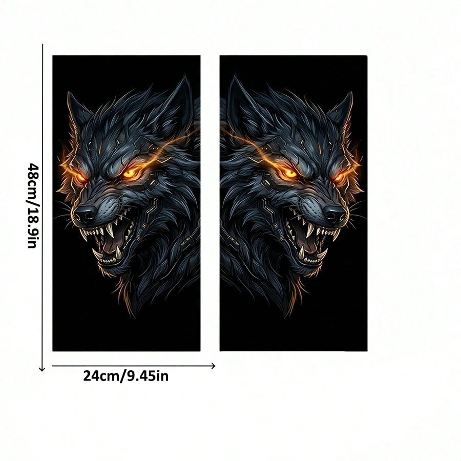 2pcs Cyber Mechanical Wolf Car B-Pillar Stickers- 2D Flat Waterproof Vinyl Decals, Futuristic Mechanical Wolf Personalized Car Window Decoration, Suitable For Sedan, Truck, SUV
