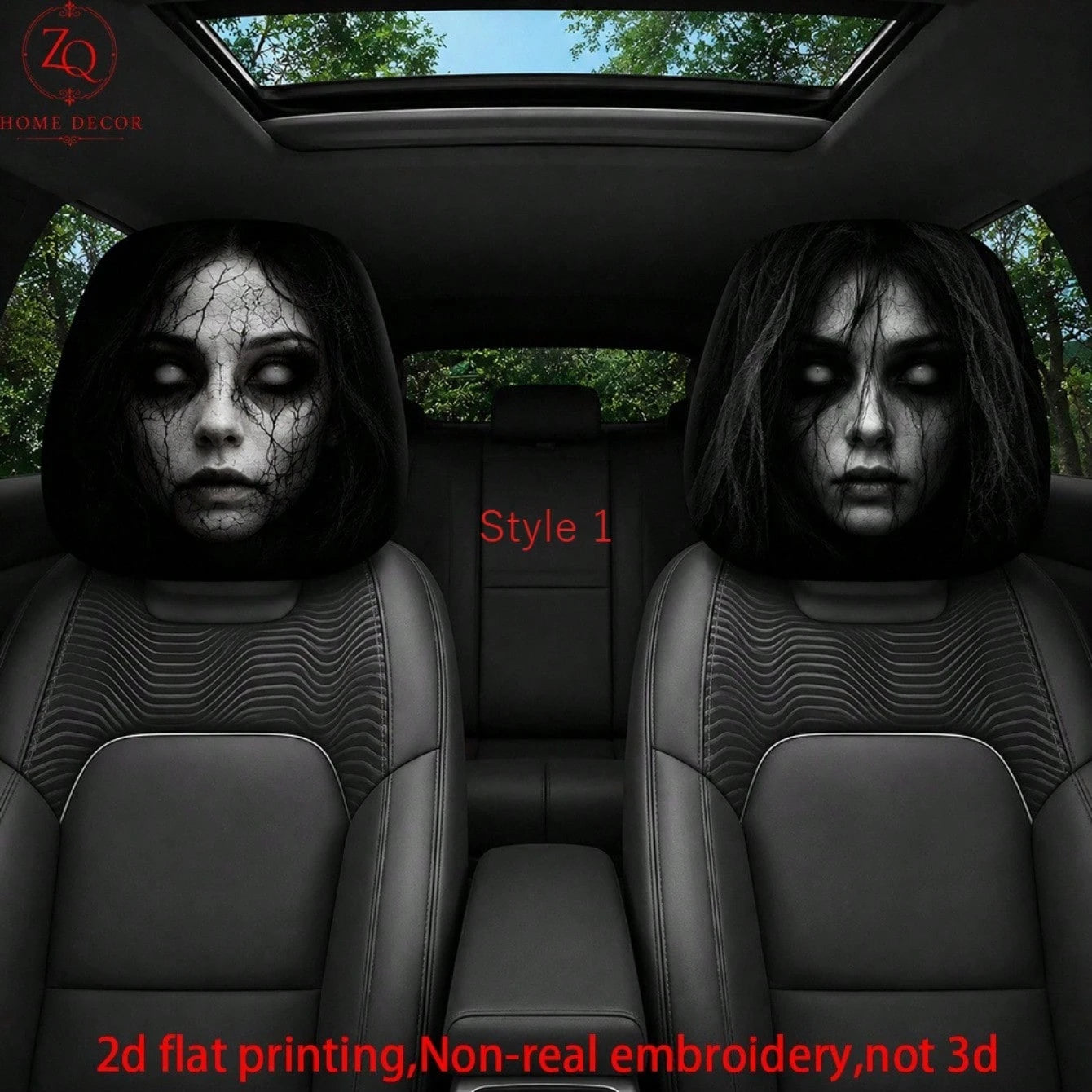 2pcs Double-Sided Halloween Car Headrest Covers Suitable For Most Vehicles, Spooky Funny Headrest Protectors For All- Use, Easy Install For Trips & Car Interior Decor- Non-3D Print For/Ghosts, 2D Fl
