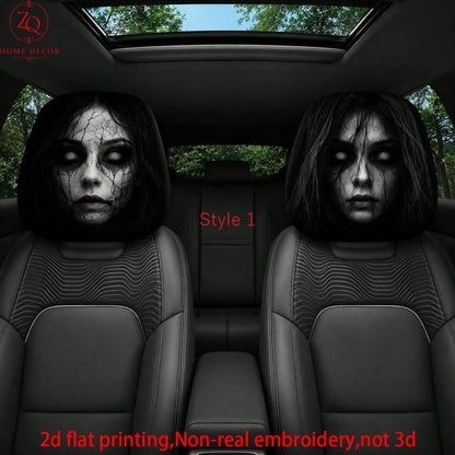 2pcs Double-Sided Halloween Car Headrest Covers Suitable For Most Vehicles, Spooky Funny Headrest Protectors For All- Use, Easy Install For Trips & Car Interior Decor- Non-3D Print For/Ghosts, 2D Fl