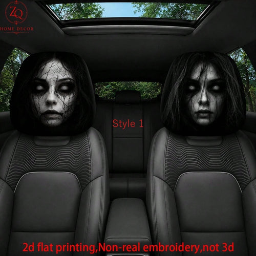 2pcs Double-Sided Halloween Car Headrest Covers Suitable For Most Vehicles, Spooky Funny Headrest Protectors For All- Use, Easy Install For Trips & Car Interior Decor- Non-3D Print For/Ghosts, 2D Fl