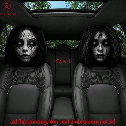2pcs Double-Sided Halloween Car Headrest Covers Suitable For Most Vehicles, Spooky Funny Headrest Protectors For All- Use, Easy Install For Trips & Car Interior Decor- Non-3D Print For/Ghosts, 2D Fl