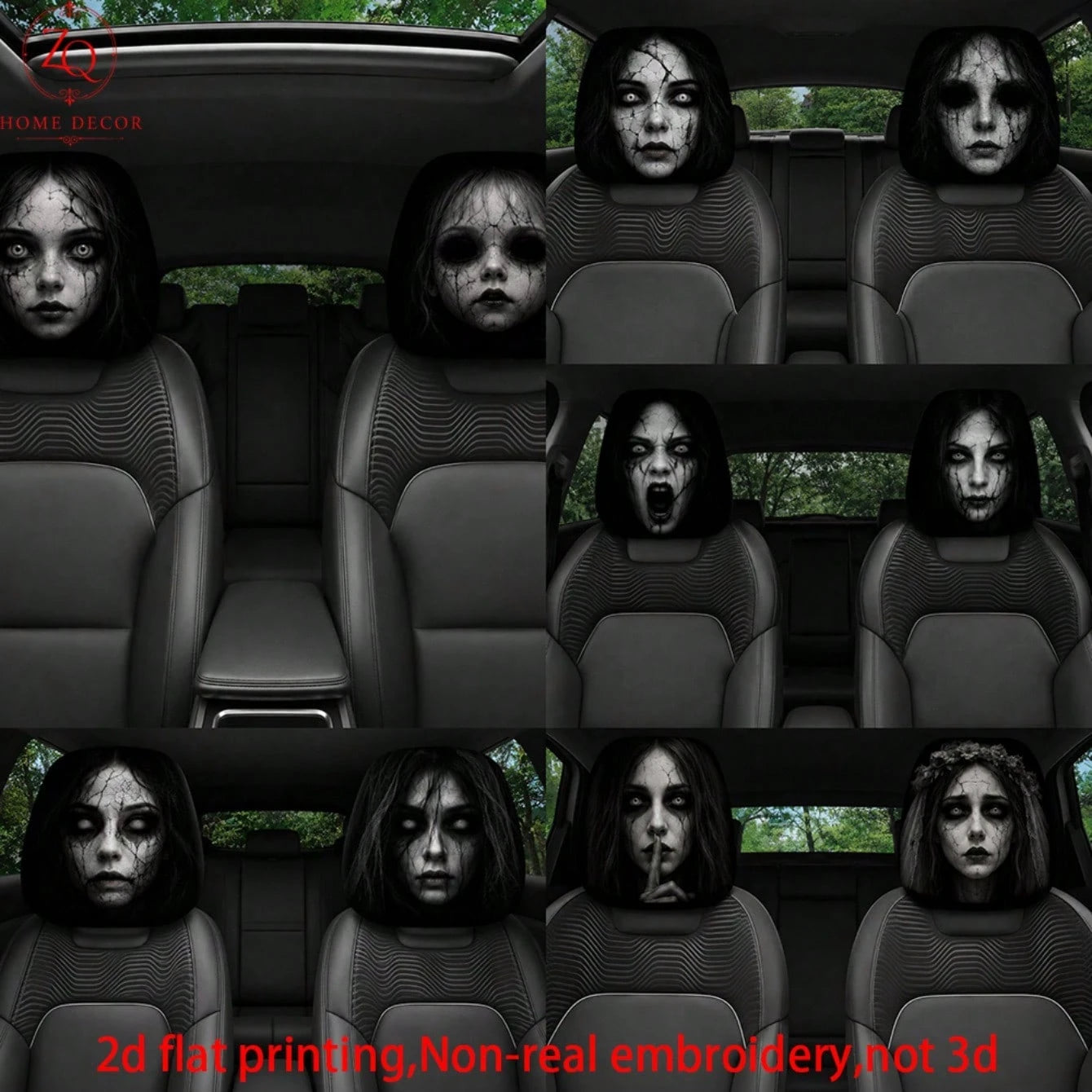 2pcs Double-Sided Halloween Car Headrest Covers Suitable For Most Vehicles, Spooky Funny Headrest Protectors For All- Use, Easy Install For Trips & Car Interior Decor- Non-3D Print For/Ghosts, 2D Fl