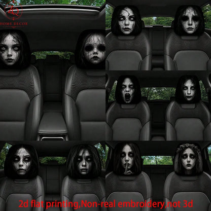 2pcs Double-Sided Halloween Car Headrest Covers Suitable For Most Vehicles, Spooky Funny Headrest Protectors For All- Use, Easy Install For Trips & Car Interior Decor- Non-3D Print For/Ghosts, 2D Fl