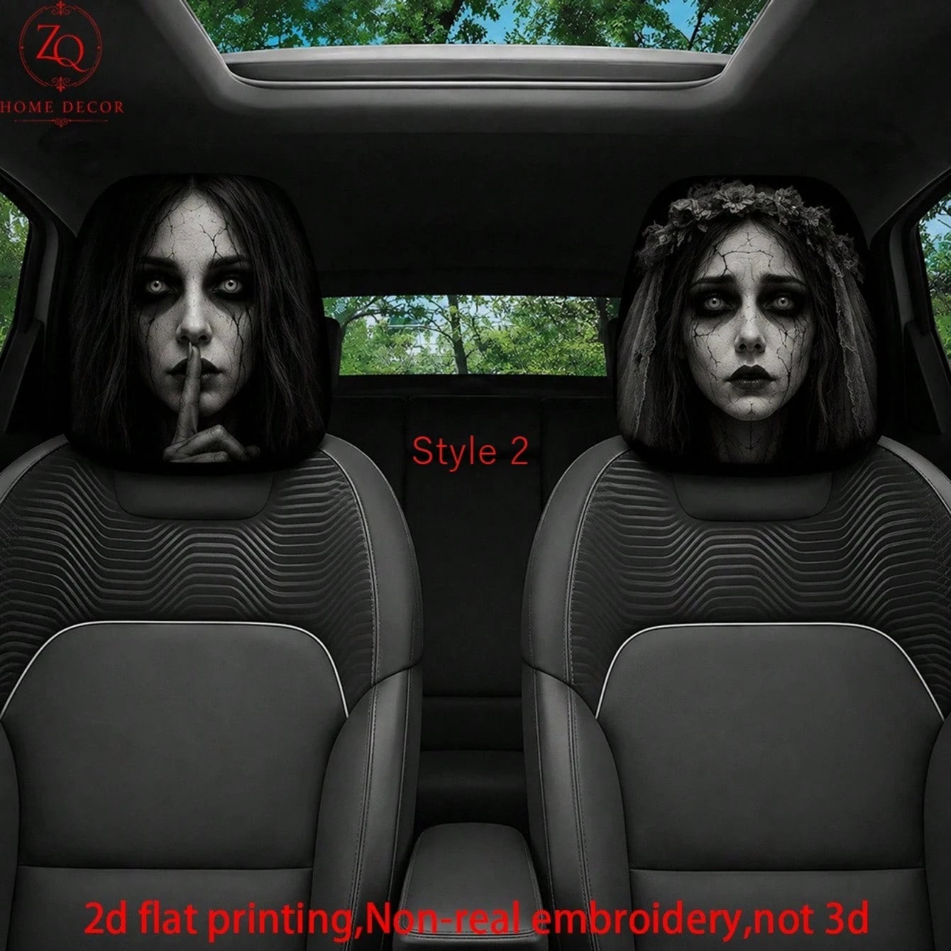 2pcs Double-Sided Halloween Car Headrest Covers Suitable For Most Vehicles, Spooky Funny Headrest Protectors For All- Use, Easy Install For Trips & Car Interior Decor- Non-3D Print For/Ghosts, 2D Fl