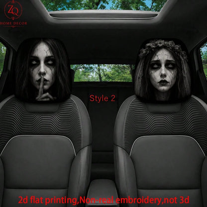 2pcs Double-Sided Halloween Car Headrest Covers Suitable For Most Vehicles, Spooky Funny Headrest Protectors For All- Use, Easy Install For Trips & Car Interior Decor- Non-3D Print For/Ghosts, 2D Fl