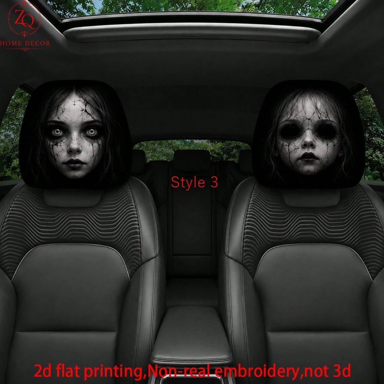 2pcs Double-Sided Halloween Car Headrest Covers Suitable For Most Vehicles, Spooky Funny Headrest Protectors For All- Use, Easy Install For Trips & Car Interior Decor- Non-3D Print For/Ghosts, 2D Fl