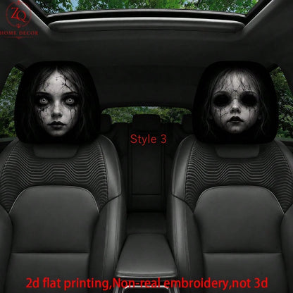 2pcs Double-Sided Halloween Car Headrest Covers Suitable For Most Vehicles, Spooky Funny Headrest Protectors For All- Use, Easy Install For Trips & Car Interior Decor- Non-3D Print For/Ghosts, 2D Fl