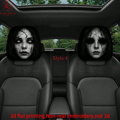 2pcs Double-Sided Halloween Car Headrest Covers Suitable For Most Vehicles, Spooky Funny Headrest Protectors For All- Use, Easy Install For Trips & Car Interior Decor- Non-3D Print For/Ghosts, 2D Fl