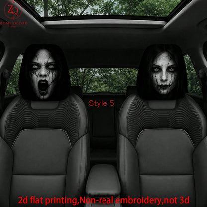 2pcs Double-Sided Halloween Car Headrest Covers Suitable For Most Vehicles, Spooky Funny Headrest Protectors For All- Use, Easy Install For Trips & Car Interior Decor- Non-3D Print For/Ghosts, 2D Fl