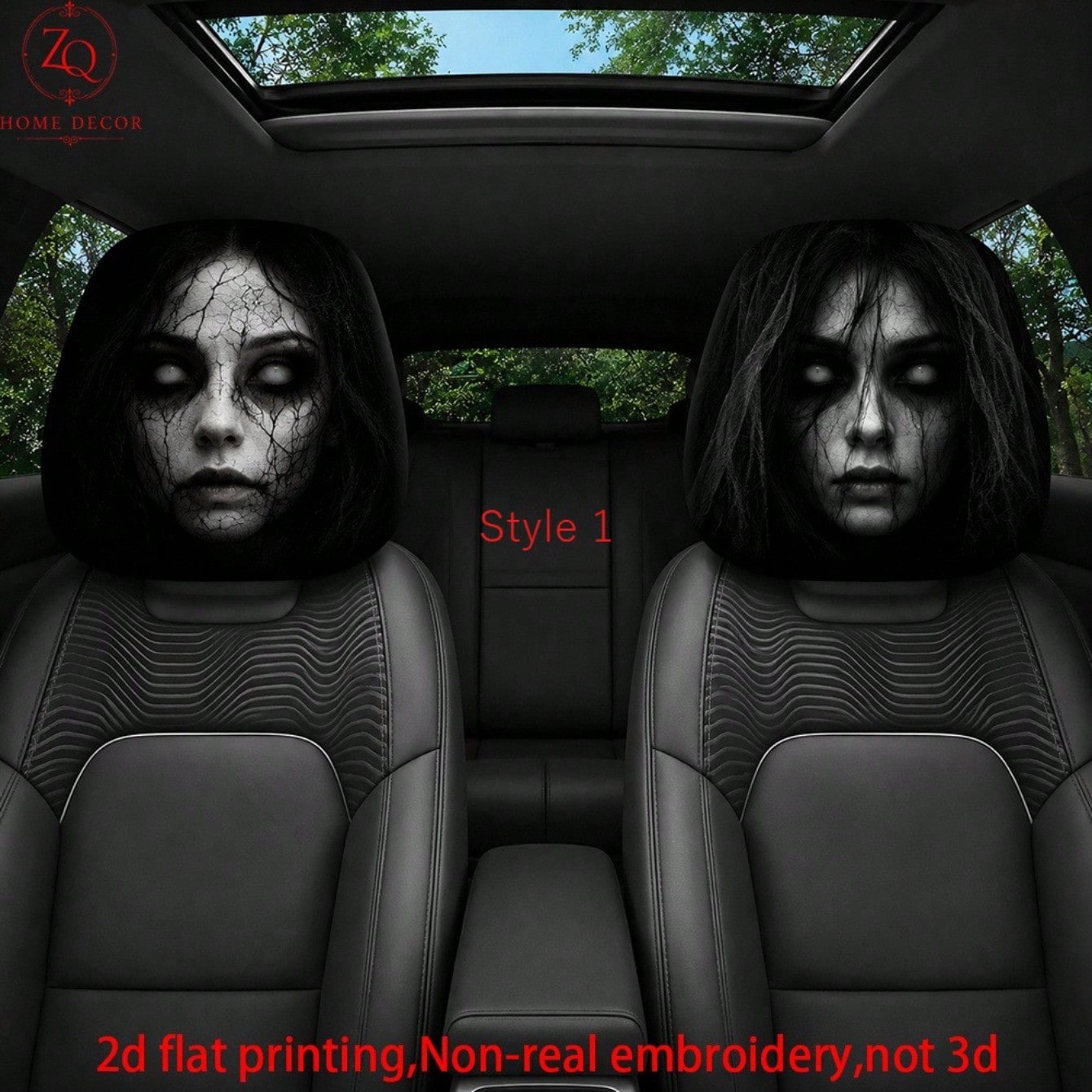2pcs Double-Sided Halloween Car Headrest Covers Suitable For Most Vehicles, Spooky Funny Headrest Protectors For All- Use, Easy Install For Trips & Car Interior Decor- Non-3D Print For/Ghosts, 2D Fl