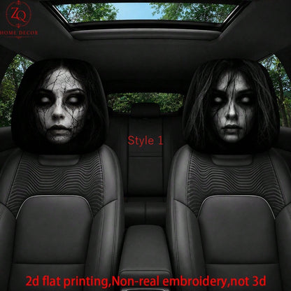 2pcs Double-Sided Halloween Car Headrest Covers Suitable For Most Vehicles, Spooky Funny Headrest Protectors For All- Use, Easy Install For Trips & Car Interior Decor- Non-3D Print For/Ghosts, 2D Fl