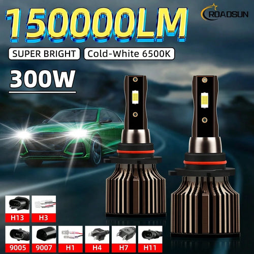 2pcs H1 H3 H7 H11 9005/HB3 9006/HB4 9012 9004 9007 H4 H13 Car Headlight High/Low Beam Combo, 12V 6500K Super White 150000LM, High-Speed Fan Bright 3570CSP Chip, Plug & Play Bulb, Super Focused Beam, A