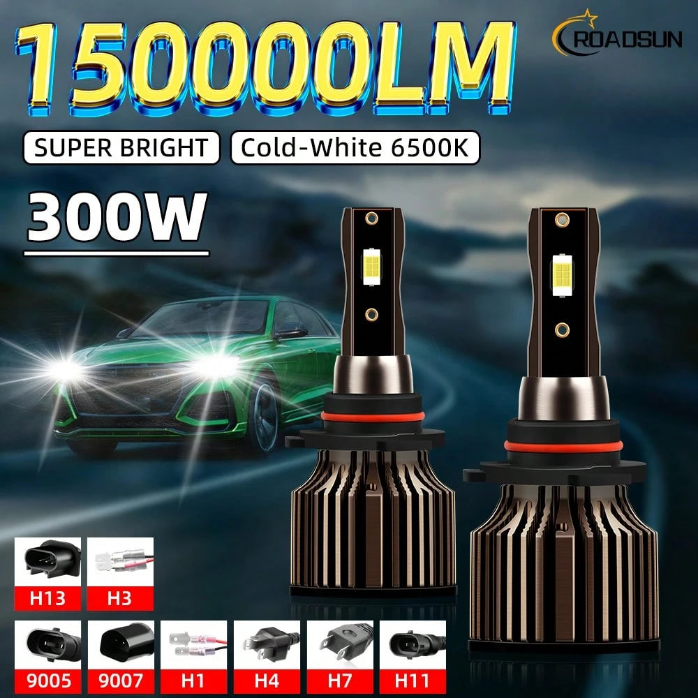 2pcs H1 H3 H7 H11 9005/HB3 9006/HB4 9012 9004 9007 H4 H13 Car Headlight High/Low Beam Combo, 12V 6500K Super White 150000LM, High-Speed Fan Bright 3570CSP Chip, Plug & Play Bulb, Super Focused Beam, A