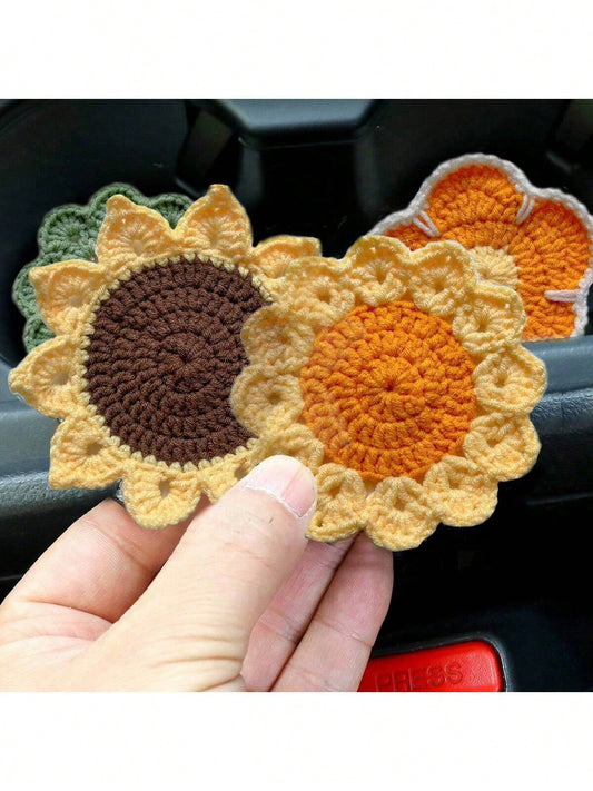 2pcs Handmade Knitted Floral Coasters, Cute Sunflower Good Luck Flower Car Cup Mats, Random Sunflower Coasters Sent