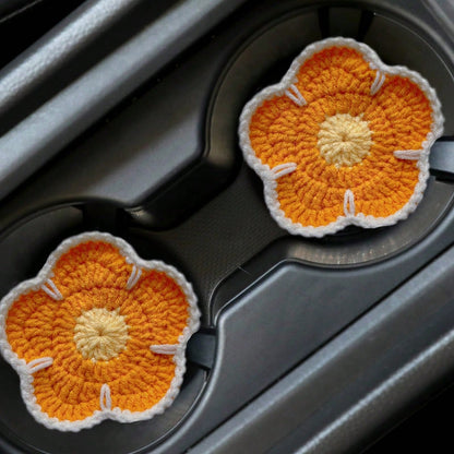 2pcs Handmade Knitted Floral Coasters, Cute Sunflower Good Luck Flower Car Cup Mats, Random Sunflower Coasters Sent