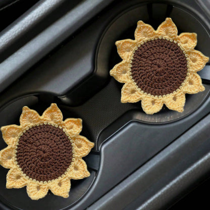 2pcs Handmade Knitted Floral Coasters, Cute Sunflower Good Luck Flower Car Cup Mats, Random Sunflower Coasters Sent