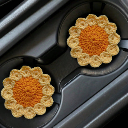 2pcs Handmade Knitted Floral Coasters, Cute Sunflower Good Luck Flower Car Cup Mats, Random Sunflower Coasters Sent