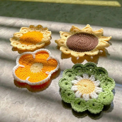 2pcs Handmade Knitted Floral Coasters, Cute Sunflower Good Luck Flower Car Cup Mats, Random Sunflower Coasters Sent