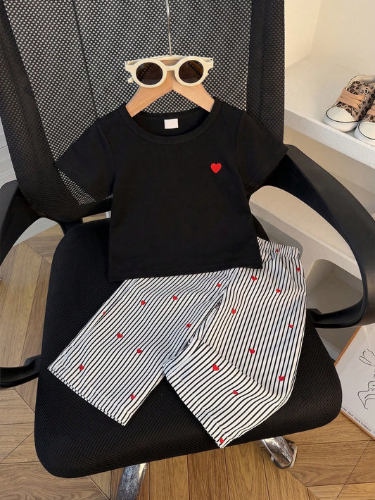 2pcs Infant Girls' Summer Fashionable Minimalist Street Style White Short Sleeve T-Shirt With Black Embroidered Decor And Apricot Striped Pants Set, Suitable For Daily School Wear