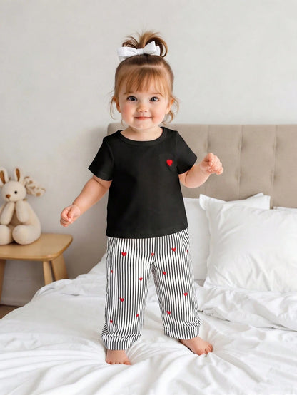 2pcs Infant Girls' Summer Fashionable Minimalist Street Style White Short Sleeve T-Shirt With Black Embroidered Decor And Apricot Striped Pants Set, Suitable For Daily School Wear