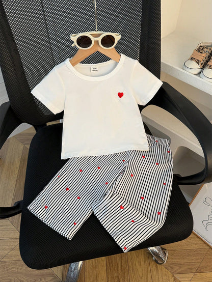 2pcs Infant Girls' Summer Fashionable Minimalist Street Style White Short Sleeve T-Shirt With Black Embroidered Decor And Apricot Striped Pants Set, Suitable For Daily School Wear