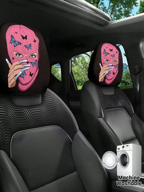 2pcs Pink Butterfly Mysterious Charm Theme Print Car Seat Cushion Headrest Cover- Featuring Cute Design- Universal Fit, Easy To Install And Machine Wash, Provides Comfortable Neck Protection During