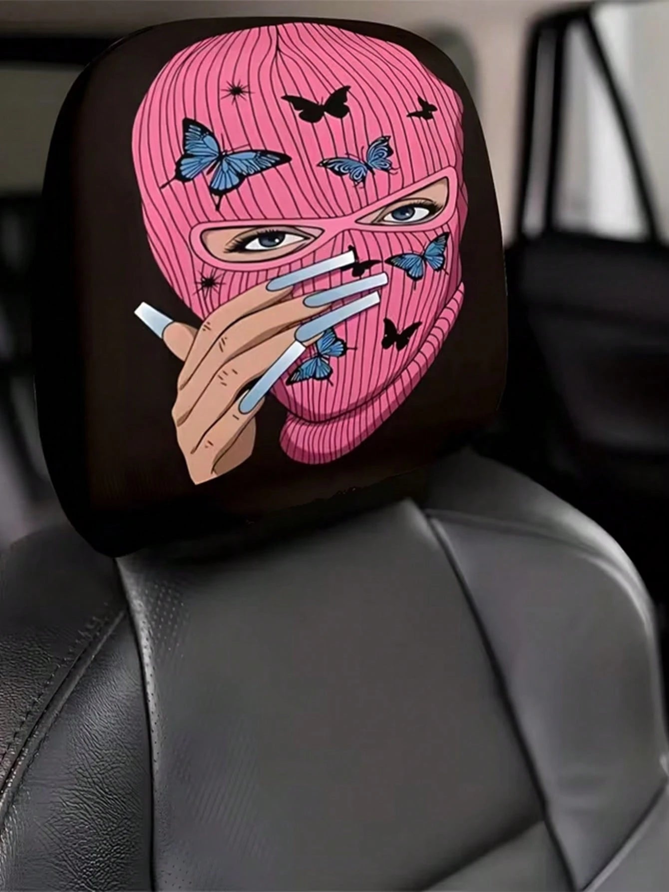 2pcs Pink Butterfly Mysterious Charm Theme Print Car Seat Cushion Headrest Cover- Featuring Cute Design- Universal Fit, Easy To Install And Machine Wash, Provides Comfortable Neck Protection During