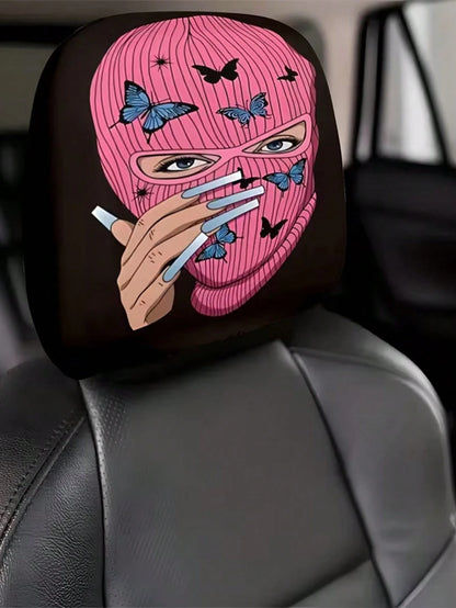 2pcs Pink Butterfly Mysterious Charm Theme Print Car Seat Cushion Headrest Cover- Featuring Cute Design- Universal Fit, Easy To Install And Machine Wash, Provides Comfortable Neck Protection During