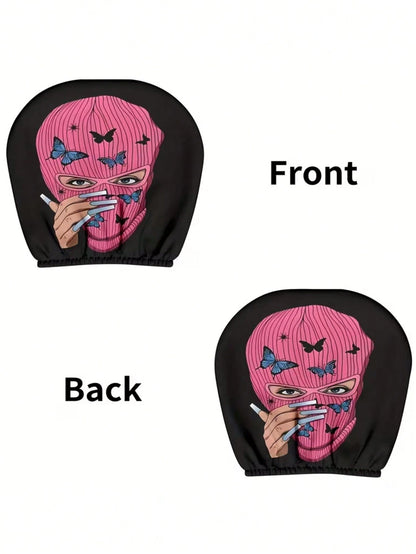 2pcs Pink Butterfly Mysterious Charm Theme Print Car Seat Cushion Headrest Cover- Featuring Cute Design- Universal Fit, Easy To Install And Machine Wash, Provides Comfortable Neck Protection During