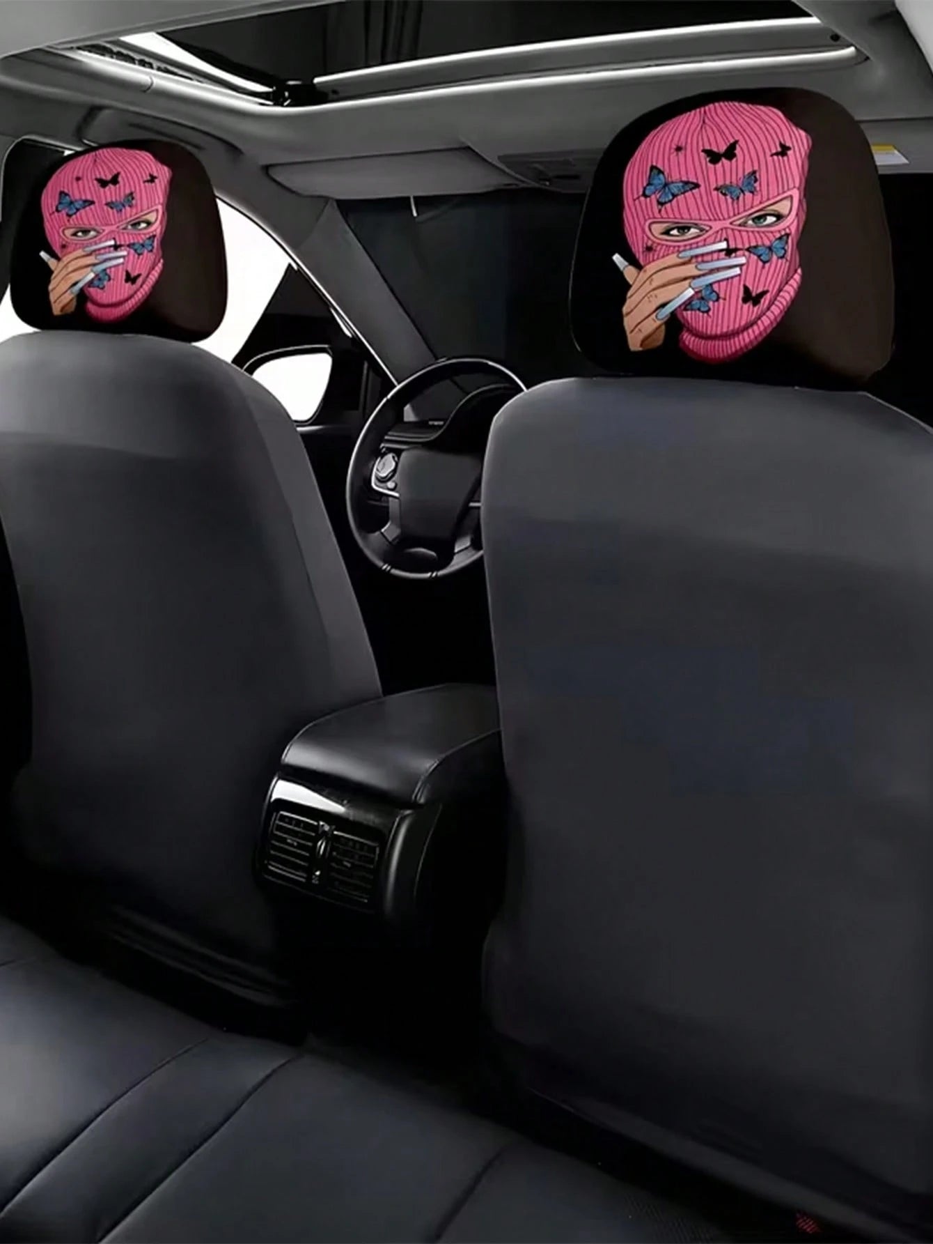 2pcs Pink Butterfly Mysterious Charm Theme Print Car Seat Cushion Headrest Cover- Featuring Cute Design- Universal Fit, Easy To Install And Machine Wash, Provides Comfortable Neck Protection During