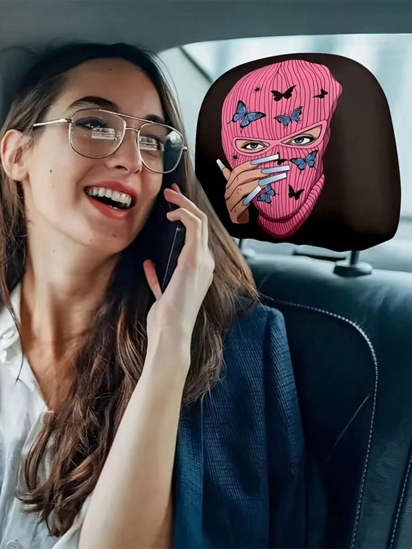 2pcs Pink Butterfly Mysterious Charm Theme Print Car Seat Cushion Headrest Cover- Featuring Cute Design- Universal Fit, Easy To Install And Machine Wash, Provides Comfortable Neck Protection During