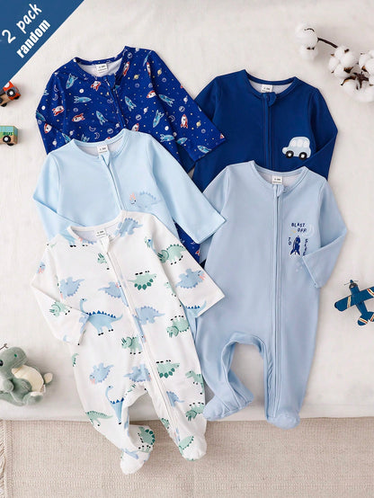 [2pcs Randomly Sent]Newborn Long Sleeve Footed Jumpsuit 2-Piece Set, With Matching Beanie, English Print Ribbed Baby Jumpsuit, Newborn Baby Home Pajamas, All-Season Newborn Full Moon Outing Crawler