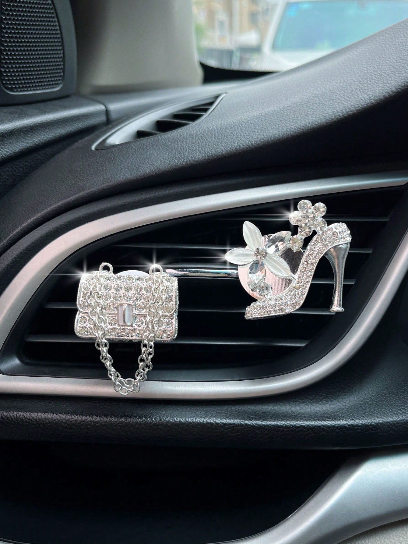 2pcs Rhinestone Decor High Heel & Bag Design Car Air Outlet Ornament