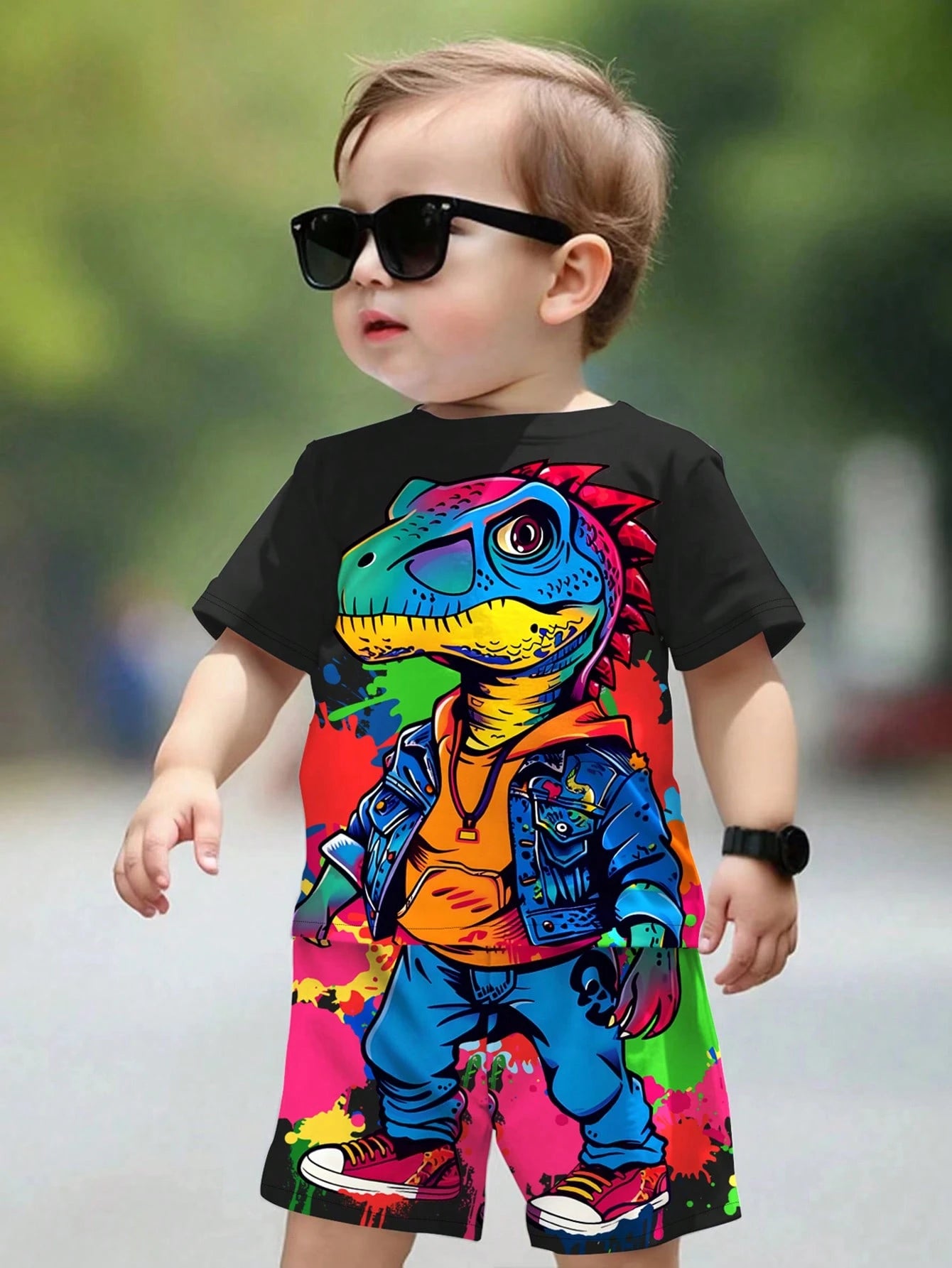 2pcs/Set Baby Boy Casual Cute Cartoon Lizard Print Round Neck Short Sleeve T-Shirt And Lizard Pattern Shorts, Summer Outfit