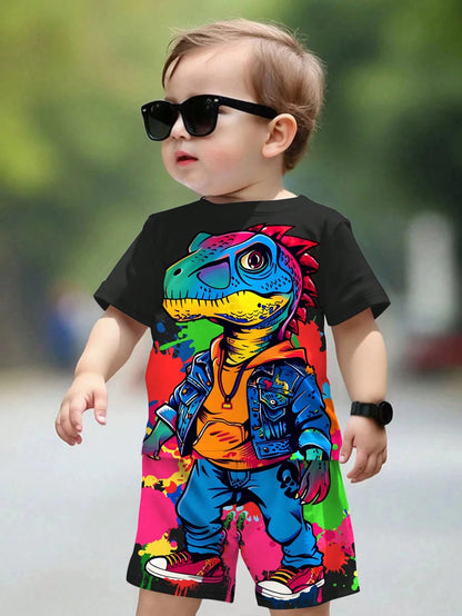 2pcs/Set Baby Boy Casual Cute Cartoon Lizard Print Round Neck Short Sleeve T-Shirt And Lizard Pattern Shorts, Summer Outfit