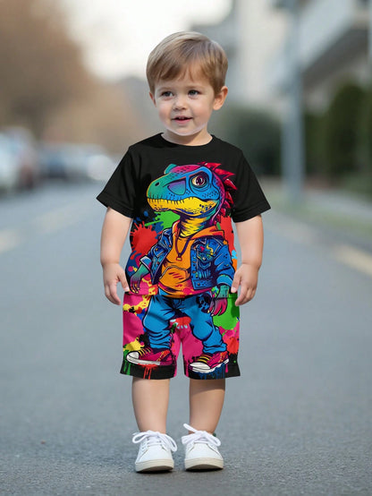 2pcs/Set Baby Boy Casual Cute Cartoon Lizard Print Round Neck Short Sleeve T-Shirt And Lizard Pattern Shorts, Summer Outfit