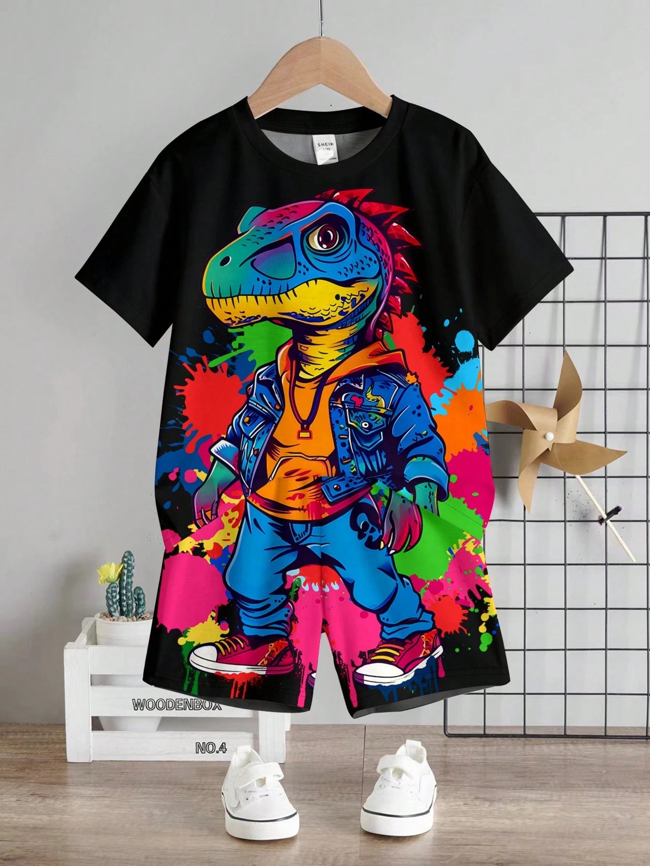 2pcs/Set Baby Boy Casual Cute Cartoon Lizard Print Round Neck Short Sleeve T-Shirt And Lizard Pattern Shorts, Summer Outfit