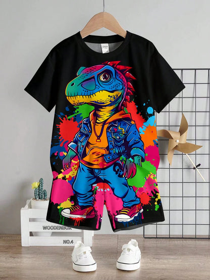 2pcs/Set Baby Boy Casual Cute Cartoon Lizard Print Round Neck Short Sleeve T-Shirt And Lizard Pattern Shorts, Summer Outfit