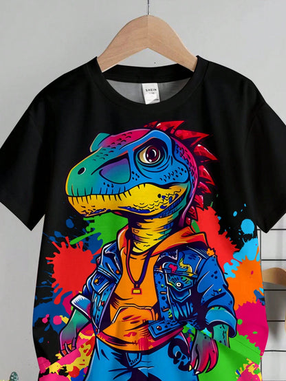 2pcs/Set Baby Boy Casual Cute Cartoon Lizard Print Round Neck Short Sleeve T-Shirt And Lizard Pattern Shorts, Summer Outfit